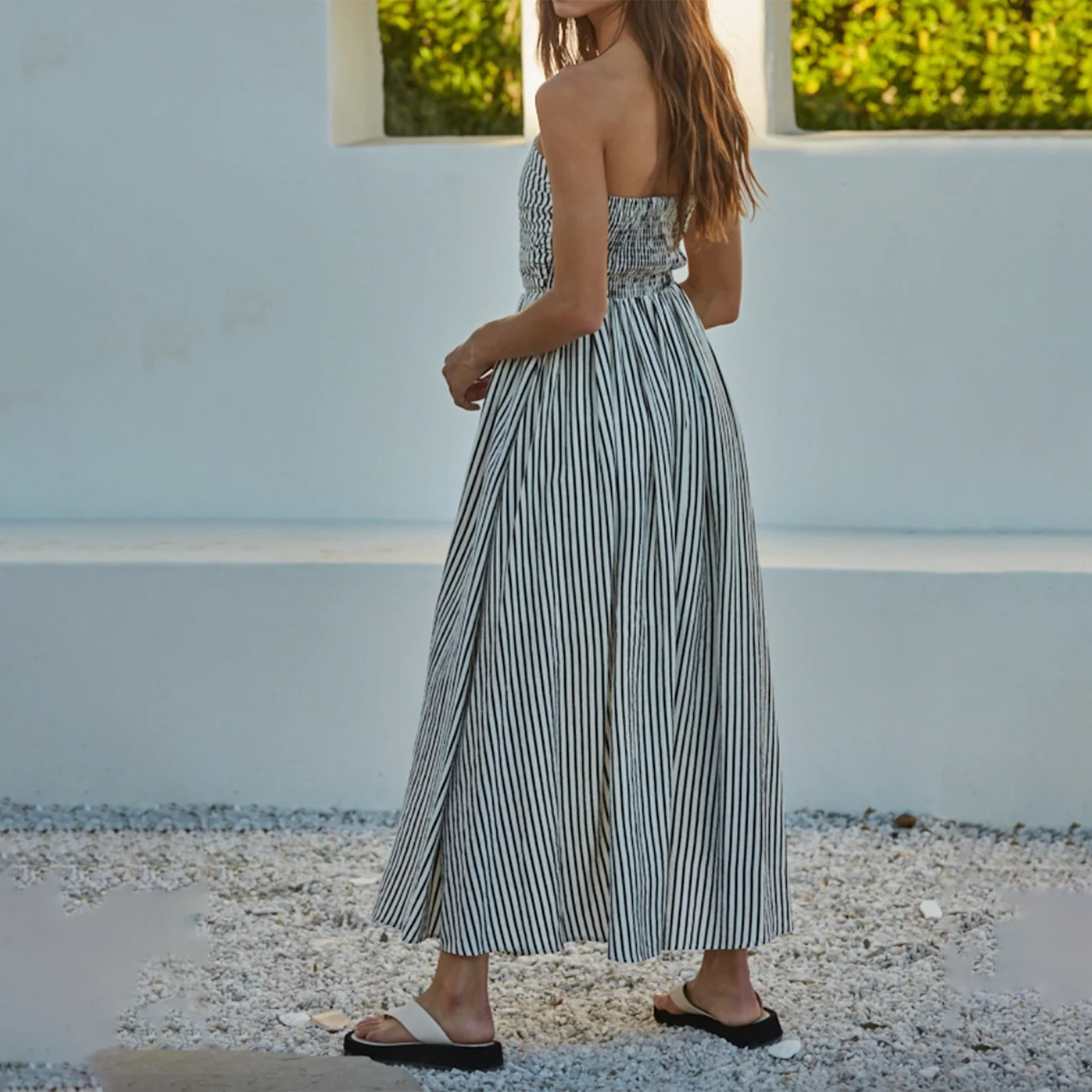 BXOXO Women Striped Strapless Maxi Dress Flowy Smocked Backless Tube Long Dress Swing Casual Summer Sundress with Pockets