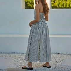 BXOXO Women Striped Strapless Maxi Dress Flowy Smocked Backless Tube Long Dress Swing Casual Summer Sundress with Pockets