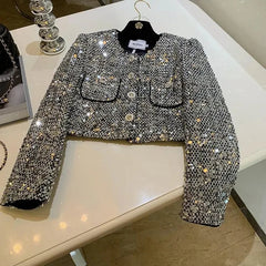 Bxoxo Elegant Sequins Tweed Women Jackets Spring New Long Sleeve Casual Female Coat Y2K Korean Chic All Match Dance Party Lady Outwear