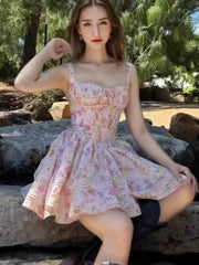 Bxoxo Women's Elegant Dresses French Print Summer New 2025 Casual Slim Waist A-Line Square-Collar Pleated Spaghetti Strap Vestidos