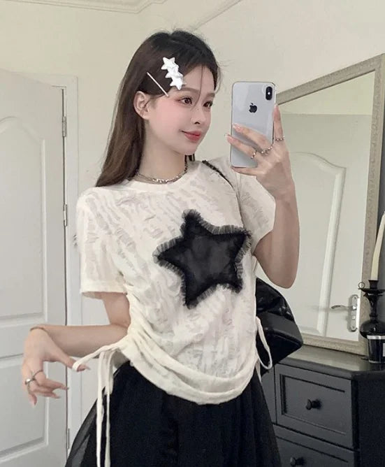 BXOXO Grunge Hole T-shirt Women Fashion Star Print Y2k Aesthetic Loose Tees Kpop Fairycore Ripped Tshirt Harajuku Gothic Streetwear