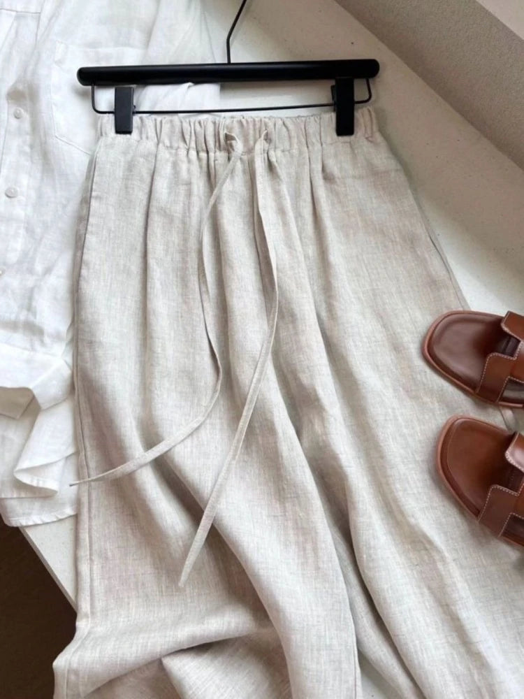 Bxoxo High Waisted Linen Wide Leg Pants for Summer Loose Comfort Breathable Floor Length Pants Leisure Simple Cotton and Linen Pants