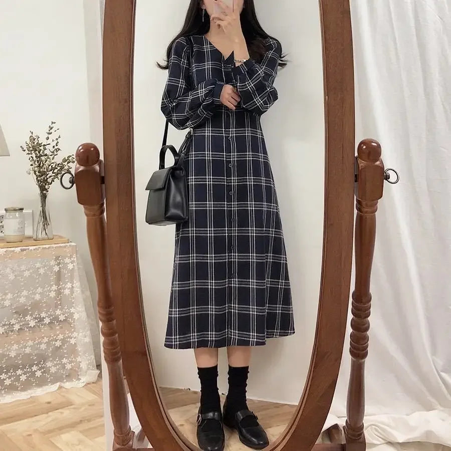 Bxoxo Vintage Plaid Dresses for Women Autumn Winter Full Spring 2025 Elegant Luxury Korean Fashion A Line G X Woman Long Sleeve Dress