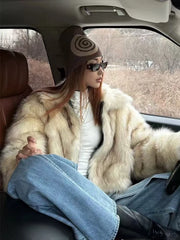 Bxoxo Elegant Faux Fox Fur Coats Women Y2K Winter Thick Warm Casual Plush Jackets Y2K Streetwear All Match Faux Fur Outerwear New