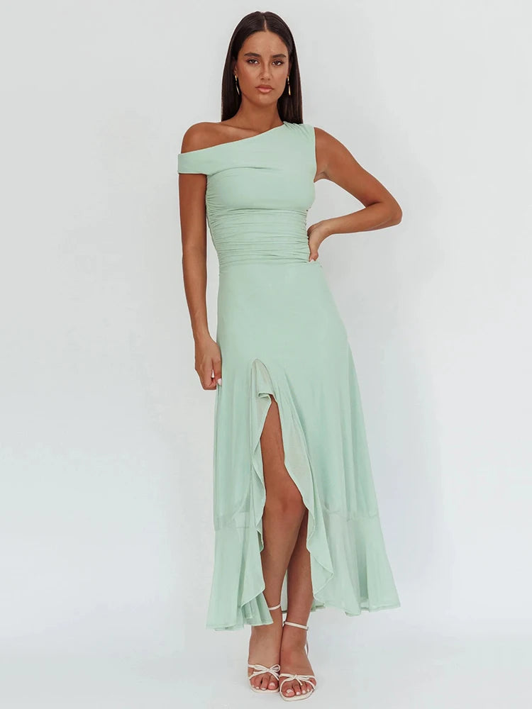 BXOXO Sleeveless Ruffled Split Maxi Dress For Women Gown Mesh O Neck Oblique Shoulder Backless High Waist Slim Fit Club Dress
