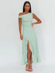 BXOXO Sleeveless Ruffled Split Maxi Dress For Women Gown Mesh O Neck Oblique Shoulder Backless High Waist Slim Fit Club Dress