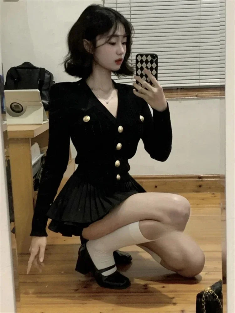 BXOXO Korean Fashion V-nck Long Sleeve Black Knitted Cardigan+ Y2k E-Girl High Waist Ruched Short Skirts 2025 New Two Piece Sets