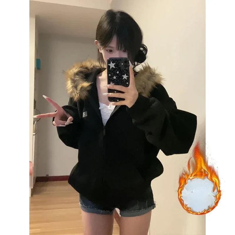 BXOXO Black Zip Up Hoodies Women Vintage Preppy Style Faux Fur Coat Korean Oversized Casual Sweatshirt Harajuku Autumn Winter