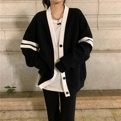 Bxoxo Varsity Cardigan Sweater for Women Long Sleeve V-Neck Button-up Knit Slouchy Cardi Korean School-girl Preppy Fall Winter Outfit