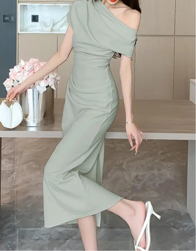 BXOXO Elegant Off Shoulder Evening Party Dresses Women Summer Fashion Slim One Piece Solid Vestidos Korean Graduation Robe Clothing