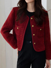 Bxoxo Wine Red Women's Jackets Autumn and Winter New  Metal Buckle Short Women Coat Korean Fashion Slim Elegant Tweed Jackets