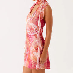 BXOXO Womens Floral Flower Print Bodycon Halter Neck Mini Dress with Scarf Y2k Corset Going Out Figure Flattering Club Party