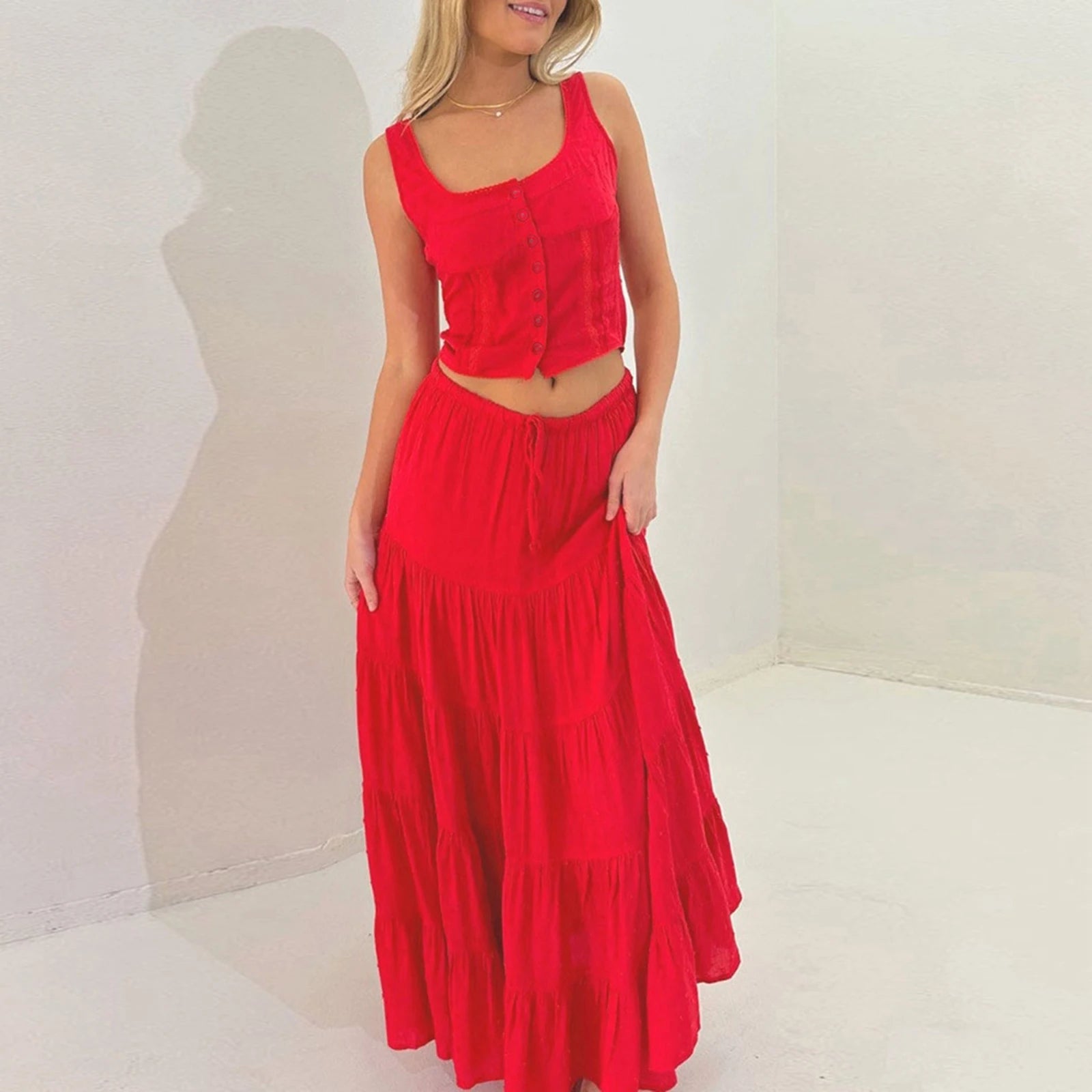 BXOXO Womens 2 Piece Maxi Skirt Set Lace Up Sleeveless Tank Top and Flowy Long Skirt VintageY2K Summer Party Beach Outfits