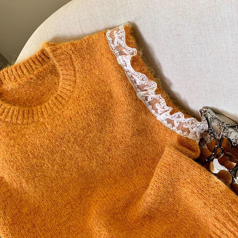 Bxoxo Lace Patchwork Sweet Sweater Vest Women Vintage O Neck Casual Knitted Tops Korean Preppy Style Lady Lazy Wing Cute Vest New