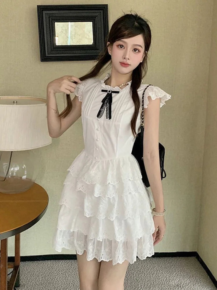 BXOXO Sweet Chic Bow White Dress Women Slim Fashion Flying Sleeve Cute Mini Dress Casual O Neck Female Elegant Lace A Line Dress