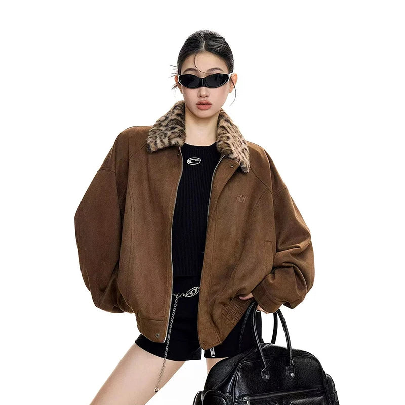 Bxoxo Vintage Leopard Patchwork Jacket Women Autumn Winter Harajuku Splicing Lapel Warm Coats Y2K Streetwear Loose Casual Outerwear