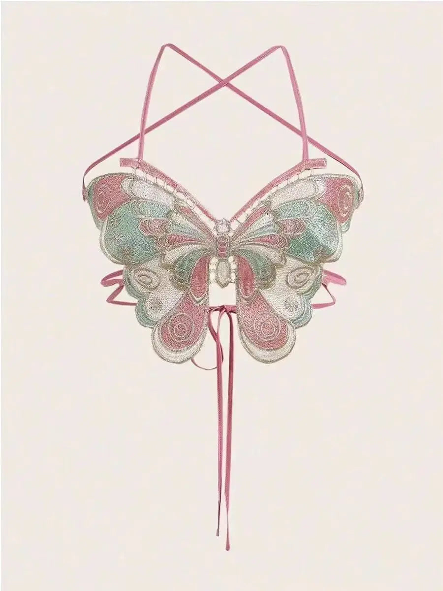 BXOXO Women's Butterfly Embroidered Top Backless Adjustable Navel Baring Sexy Cropped TopSleeveless Camisole Sexy Daily Y2K Top