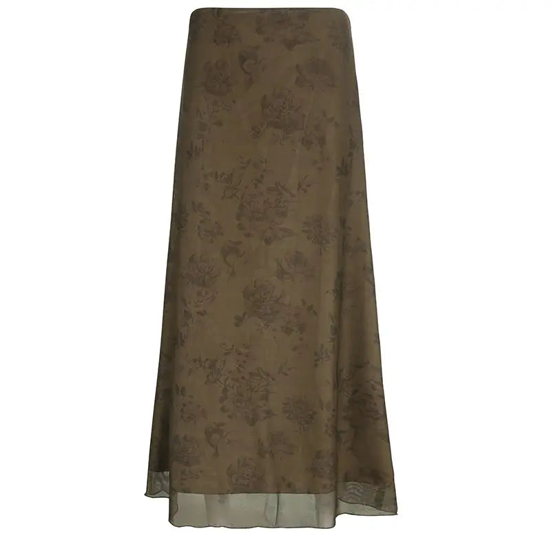 BXOXO Vintage Long Skirt Women Floral Print Low Rise Ladies Midi Skirts Y2K High Street Retro Aesthetic Casual Mesh Skirts