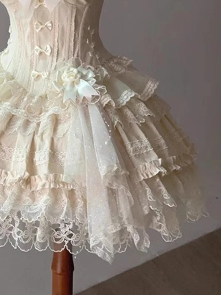 BXOXO Summer Sweet Style Elegant Woman Dress Lolita Y2k Design Lace Splice Bow Dress Fashion Bandage Retro Female Princess Party Dress