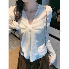 Bxoxo Korean Style Sweet Knitted Pullovers Women Elegant Kawaii Bow White Sweaters Harajuku Cute Blue Long Sleeve Jumpers