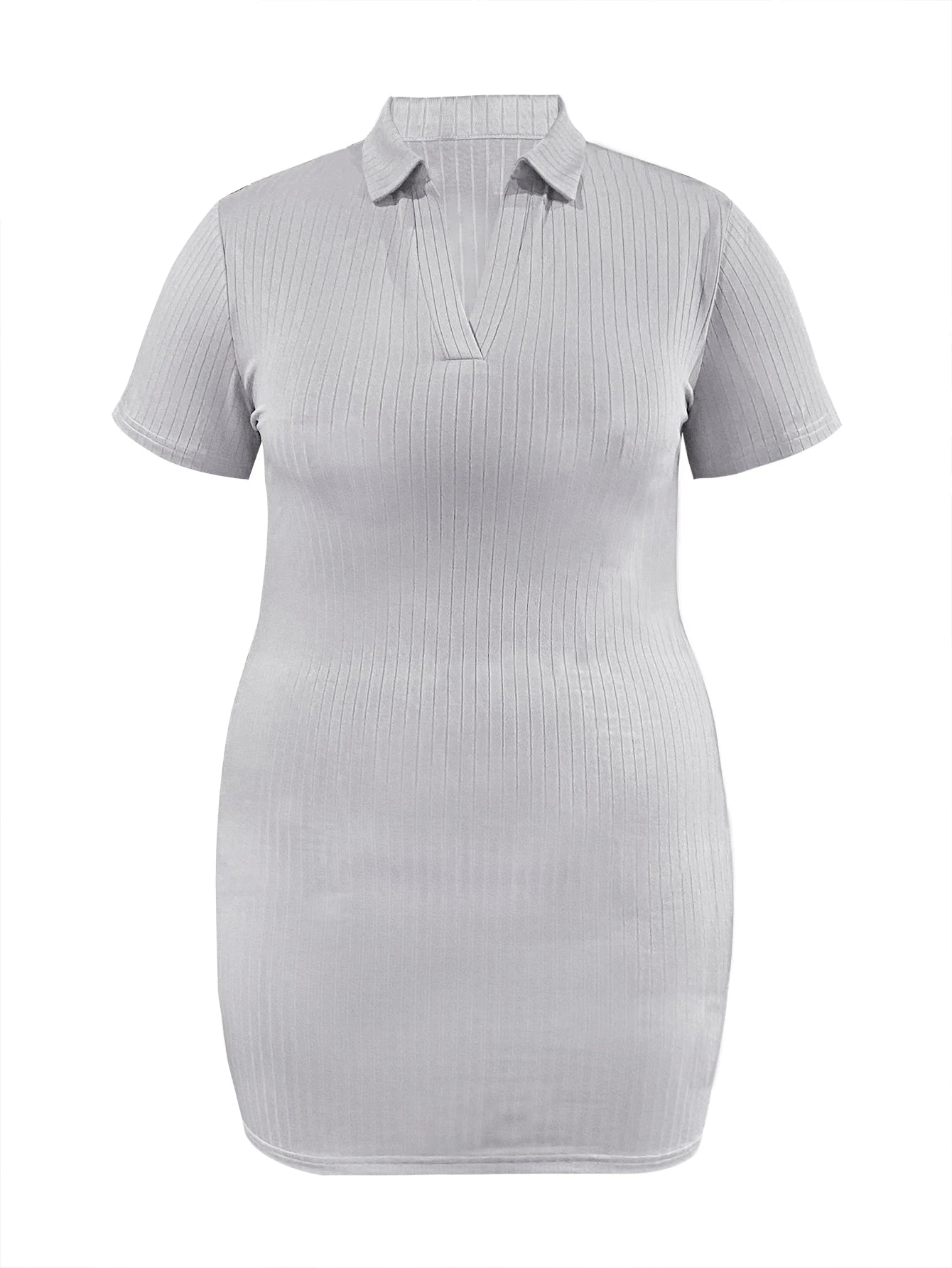 BXOXO Plus Size Basic Solid Color Bodycon Dress Women Spring Summer Short Sleeve Turndown Collar V Neck Casual Daily Mini Dresses