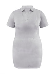 BXOXO Plus Size Basic Solid Color Bodycon Dress Women Spring Summer Short Sleeve Turndown Collar V Neck Casual Daily Mini Dresses
