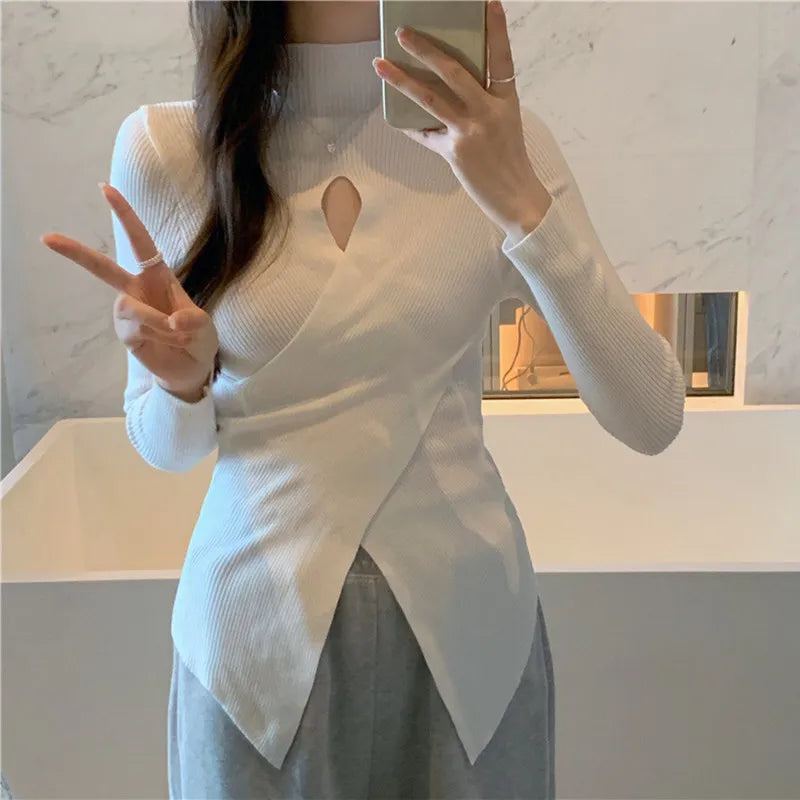 BXOXO Women Sexy Hollow Out Half Turtleneck Knitted Bottoming Jumper Slimming Niche Hem Slit Sweater Pullover Solid