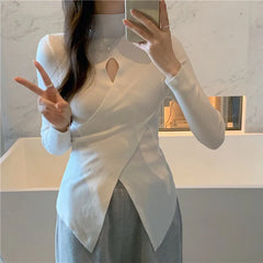 BXOXO Women Sexy Hollow Out Half Turtleneck Knitted Bottoming Jumper Slimming Niche Hem Slit Sweater Pullover Solid