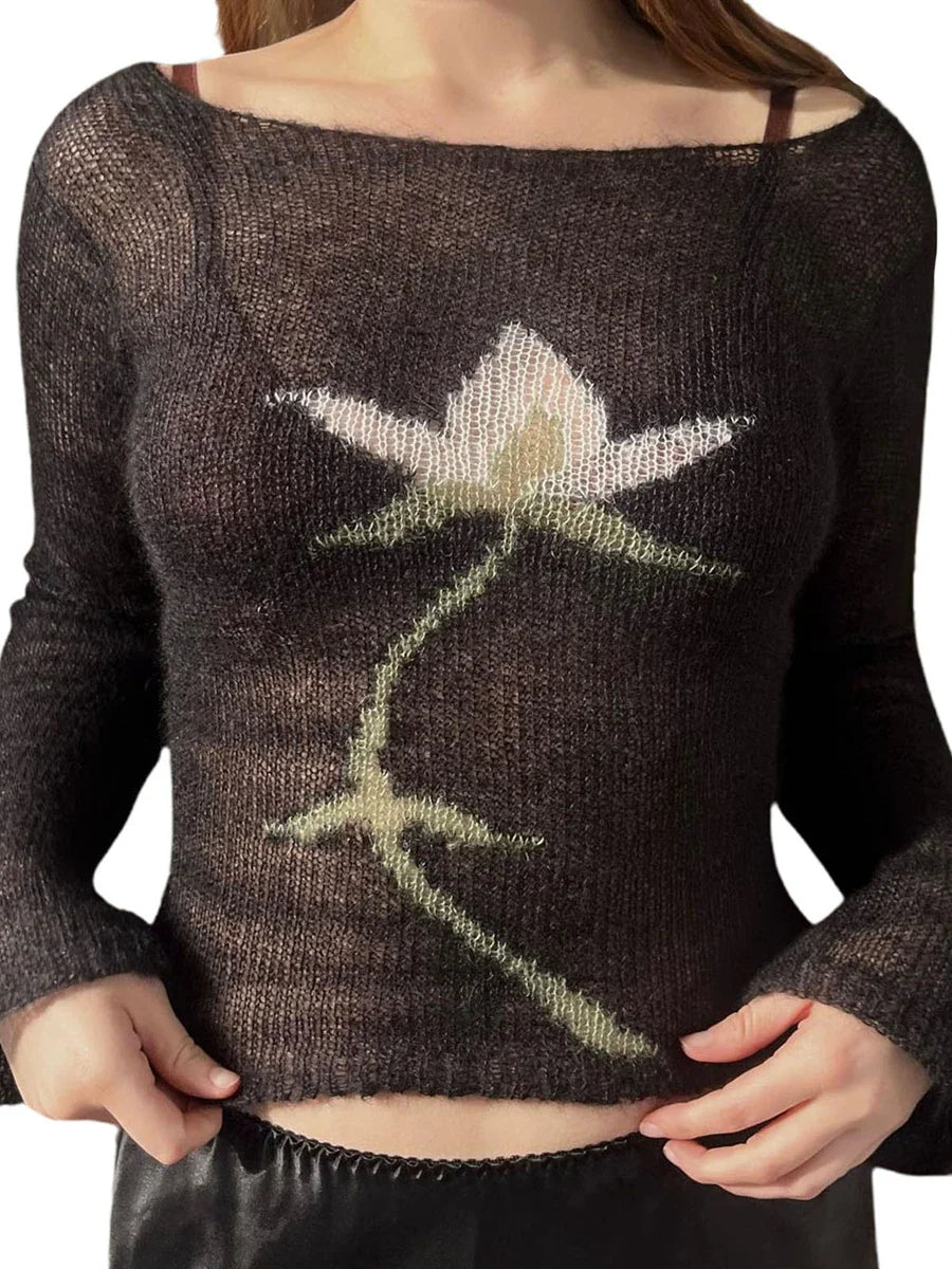 BXOXO Vintage Y2K Knitted Sweater Flower Aesthetics Graphic Print Pullover Tops Long Sleeve Slim 2000s Harajuku Sweater Top Streetwear