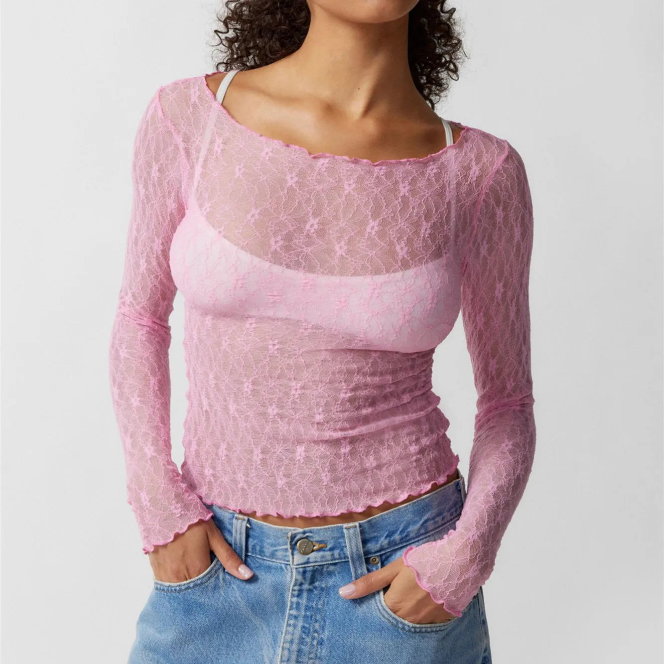 BXOXO Vintage Asymmetric Slim Fit Crop Tops Fairy Coquette Floral Lace Sheer Tshirt Tops Summer Long Sleeve T Shirts Women