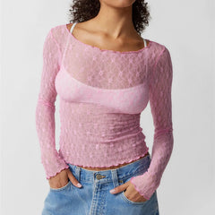 BXOXO Vintage Asymmetric Slim Fit Crop Tops Fairy Coquette Floral Lace Sheer Tshirt Tops Summer Long Sleeve T Shirts Women