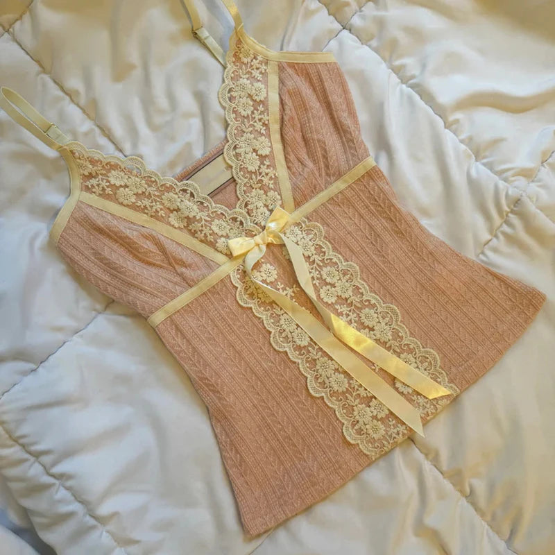 BXOXO V-neck Sleeveless Shirt Vest Women Ribbon Bow Lace Trim Camis Tops Cute Aesthetic Y2K Crop Tops Cottage 00s Retro Tank Tops