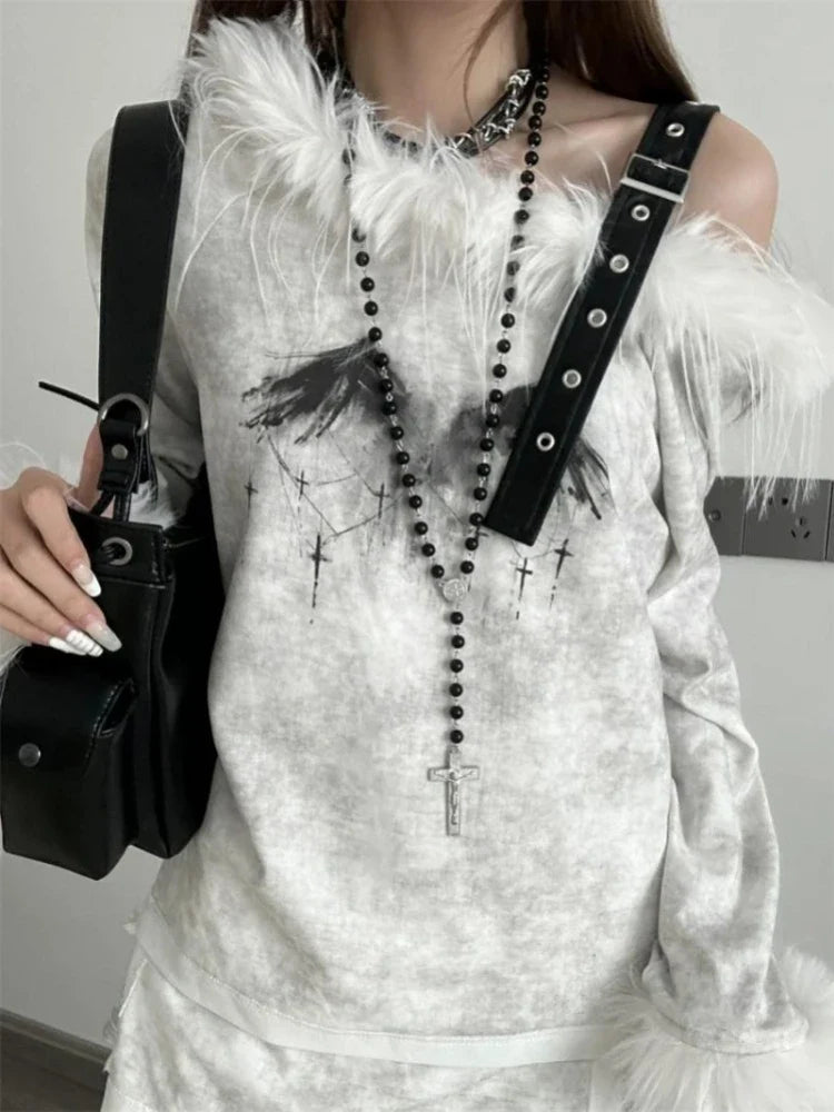 BXOXO Fashion Punk Slash Neck Print T-shirts Spring Autumn New Mid-length Tops Women Y2k Grunge Long Sleeve Street Tee Shirt