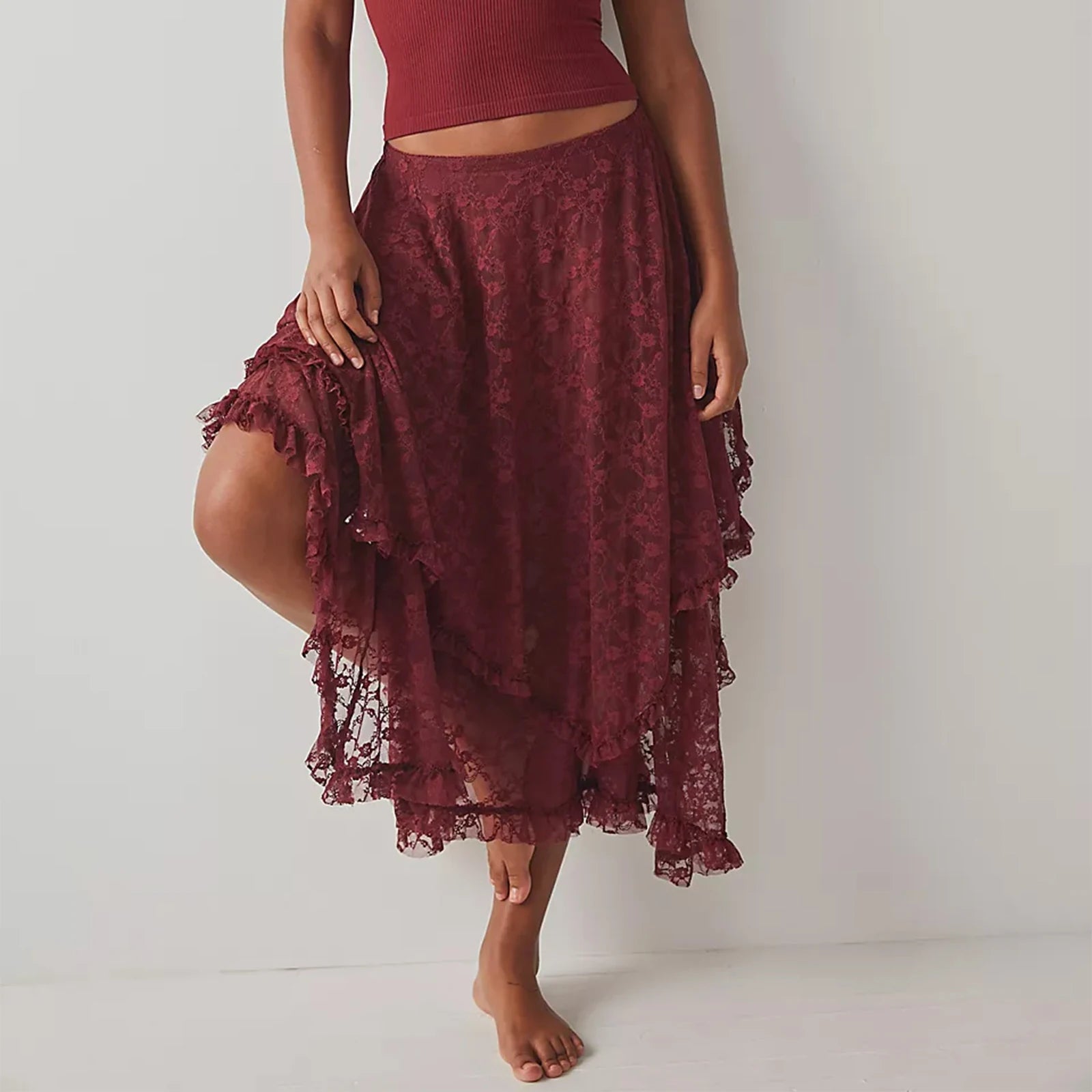 BXOXO Floral Lace Long Skirt for Women Y2K Elastic Waist Asymmetrical Layered Maxi Skirt Sexy See Through Flowy Beach Skirt
