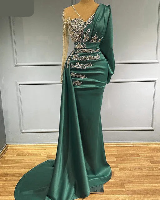BXOXO Luxury Long Sleeve Mermaid Evening Dresses Sparkly Crystals Elegant Satin Dubai Women Formal Party Evening Gowns Sheer Neck