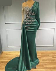BXOXO Luxury Long Sleeve Mermaid Evening Dresses Sparkly Crystals Elegant Satin Dubai Women Formal Party Evening Gowns Sheer Neck