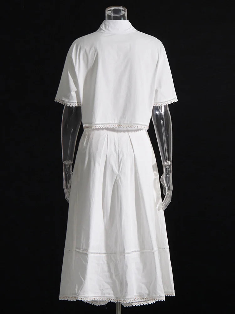 Bxoxo Elegant Two Piece Sets For Women Lapel Short Sleeve Tops High Waist A Line Pleated Skirts Solid Set Female Summer 2023