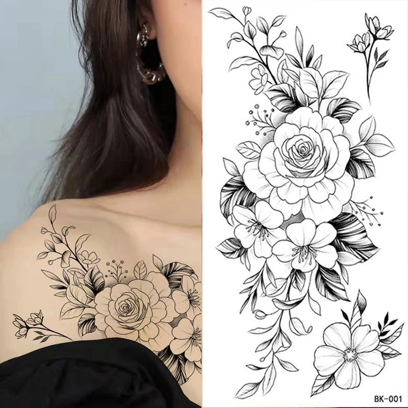 BXOXO Temporary Rose Flower Skin Tattoo Stickers Removable Blossom Flase Tattoos for Apart arm and shoulder Neck Back Flower Tattoos