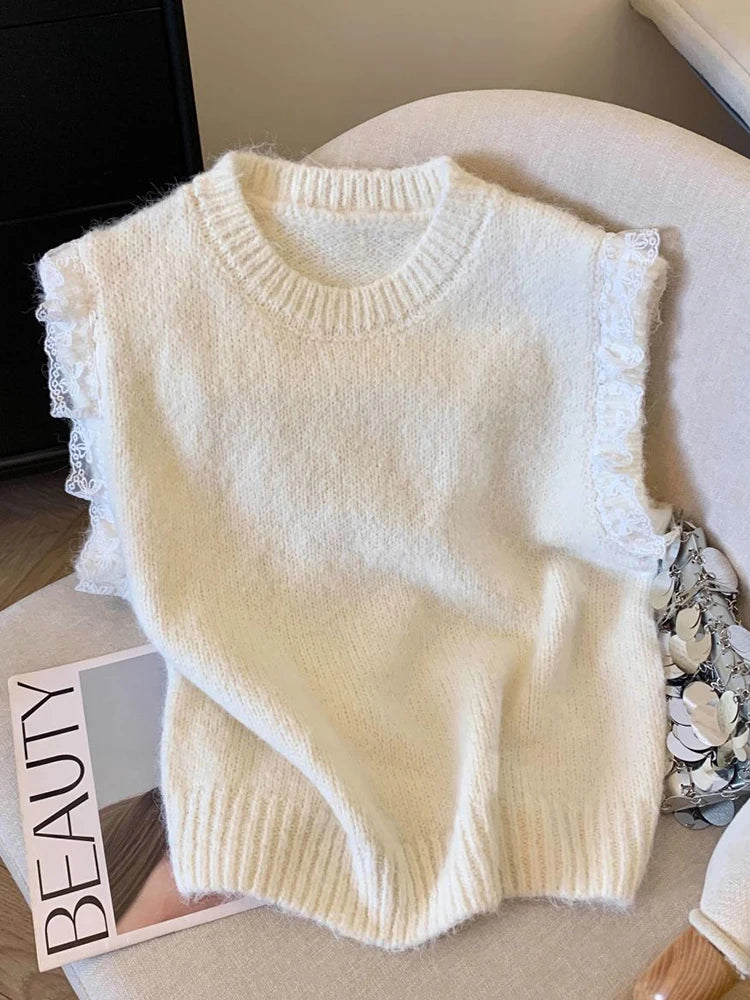 Bxoxo Lace Patchwork Sweet Sweater Vest Women Vintage O Neck Casual Knitted Tops Korean Preppy Style Lady Lazy Wing Cute Vest New
