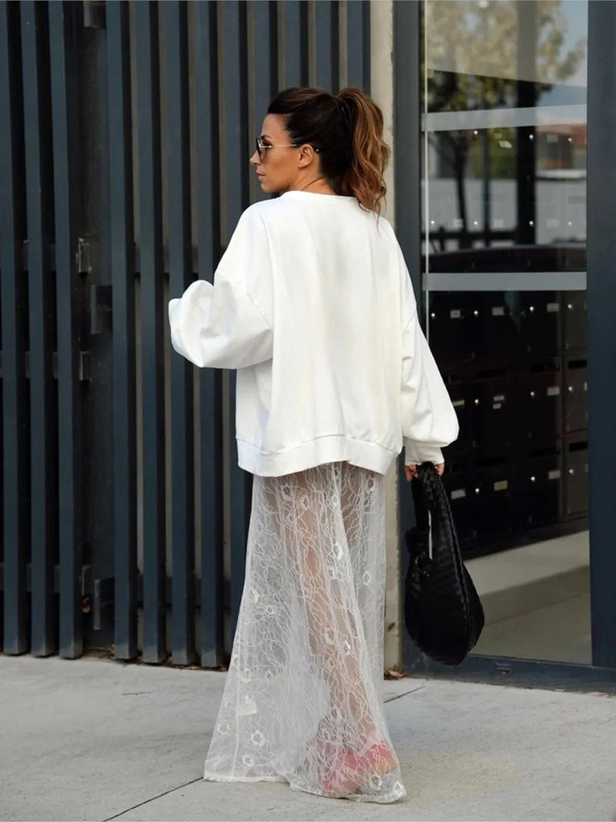 Bxoxo New Jacquard Lace Sheer Long Skirt Women Elastic Waist White Sexy Transparent Maxi Skirts Female Streetwear Fashion Faldas Jupe