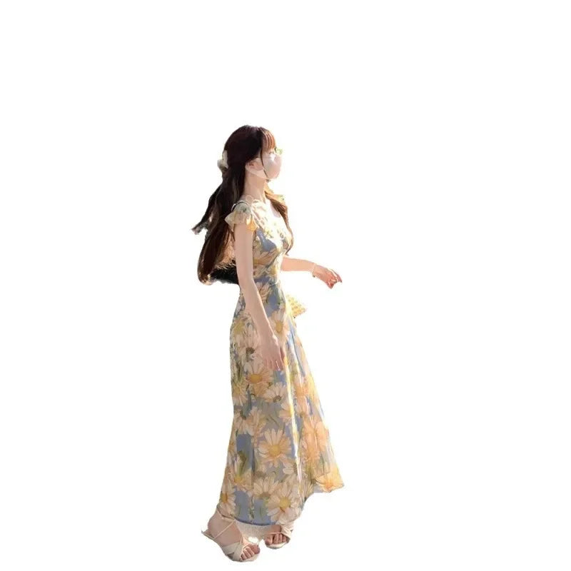 Bxoxo Romantic Korean Style One Shoulder Dress Women Summer French Tea Break Beach Vacation Long Skirt Sleeveless Midi Dress