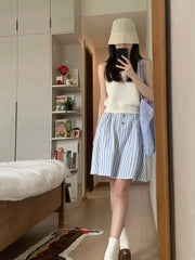 BXOXO Striped Skirts Women High Waist Summer 2025 New Fashion Sweet Button Preppy Style A Line Skirt Female Elegant Casual