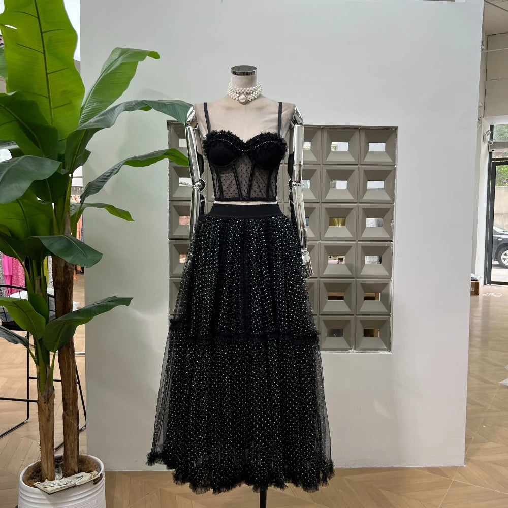 BXOXO Summer Polka Dot Tight Top Mesh Women's Elegant Underwear Y2K Fashion Sexy Set Party Evening Dresses Two Piece Set Long Skirt