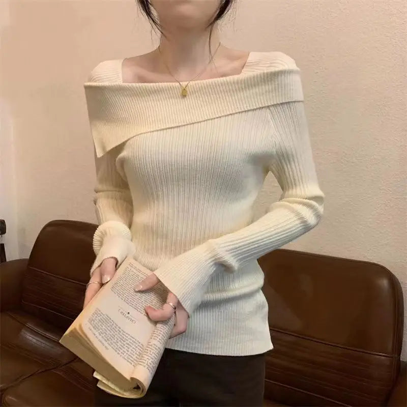 Bxoxo Women Off Shoulder Knit Sweater Slash Neck Long Sleeve Slim Knitwear Jumpers Office Sweater For Women 2024 Autumn Winter