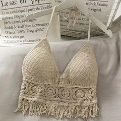 Women Knit Halter Sexy Crop Top Lace Up Hollow Out Tassel Tank Top With Bra Spaghetti Strap Camis Beach Top Spring Summer