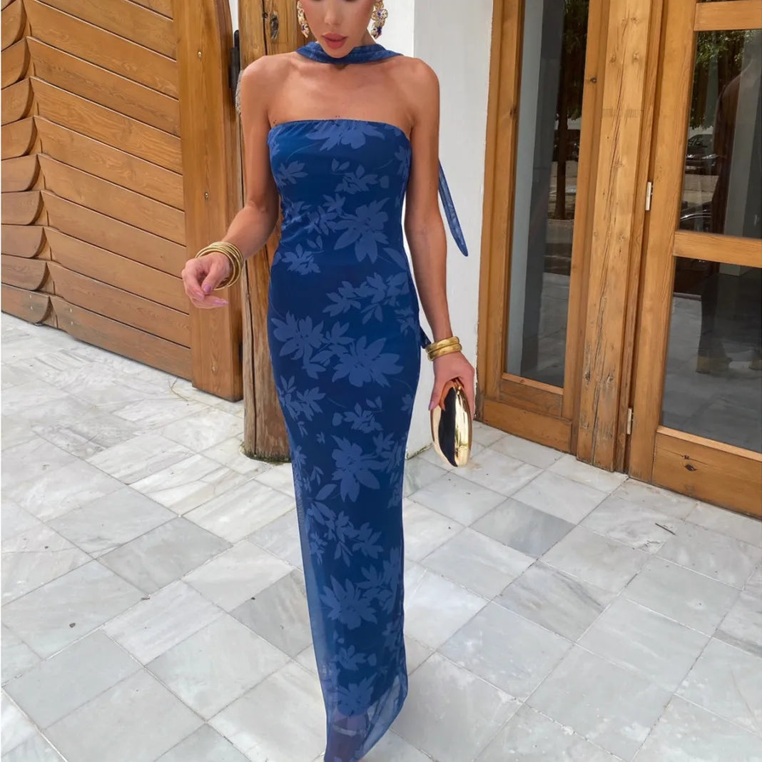 BXOXO Women Long Dress Floral Print Tube Dress Summer Backless Casual Strapless Dress with Choker Scarf Holiday Sundress