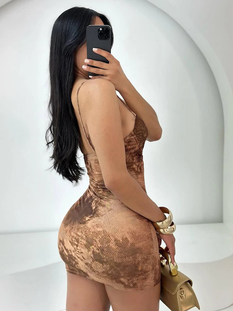 BXOXO Thin Backless Patchwork Dress Women Sexy Spaghetti Strap Sleeveless Skinny Lace Print Midnight Club Party Mini Bodycon