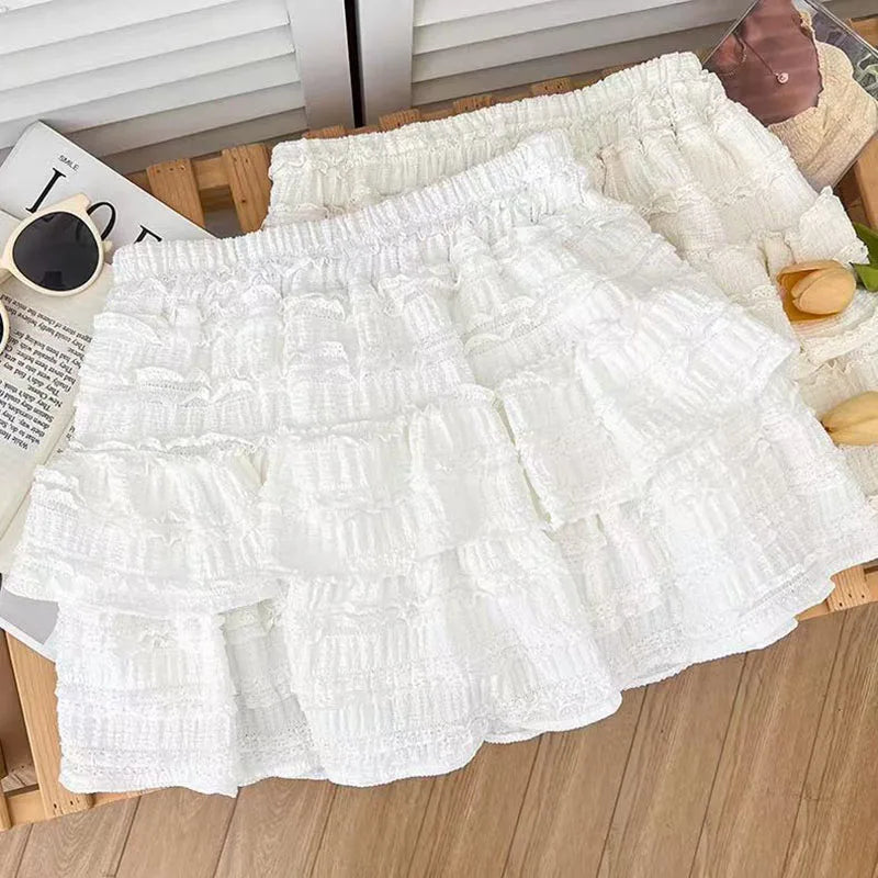 Bxoxo High Waist Ruffle Tutu Skirts Women Y2K Korean Sweet Preppy Tassel A Line Skirts Female New Lolita Cute Elastic Waist Cake Skirt