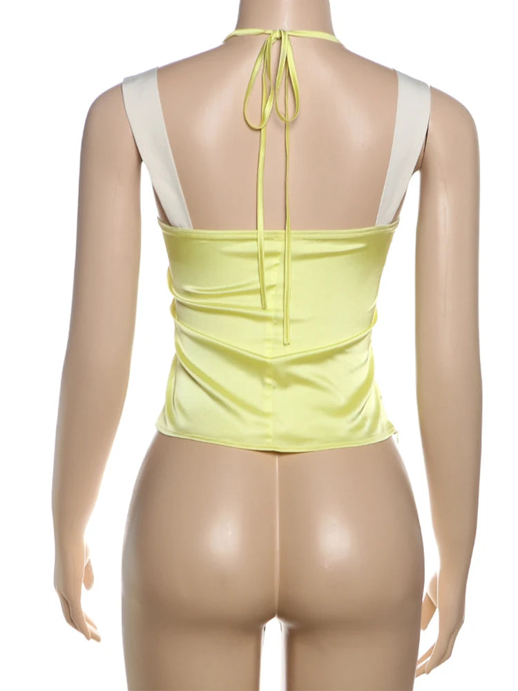 BXOXO Summer Patchwork Tank Tops Woman Backless Lace-Up Halter Satin Folds Y2K Party Streetwear Simple Skinny Elegant Vest