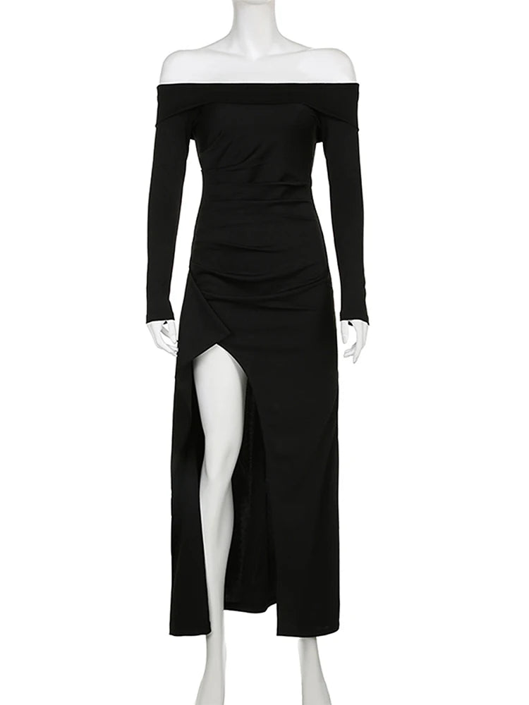 BXOXO Holiday Elegant Folds Split Dress Dark Slim Solid Slash Neck Long Sleeve Maxi Dresses For Women Autumn Winter Lady